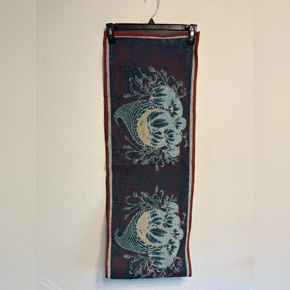 Fall Tapestry Table Runner Pumpkins and Cornucopias. Festive table setting. PO